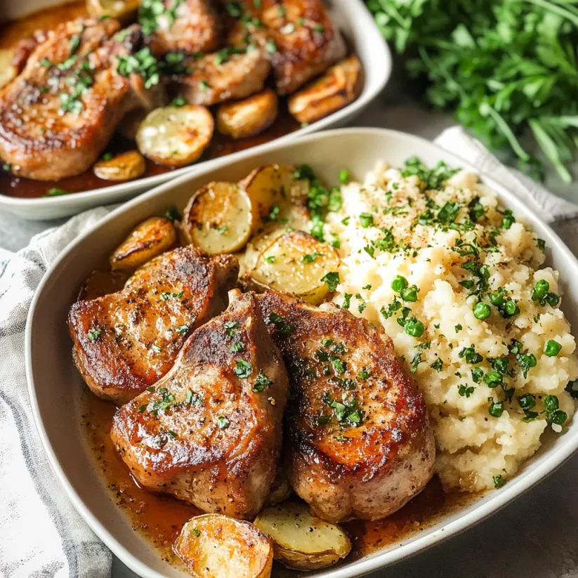 A bowl of baked pork chops with potatoes and green onions.