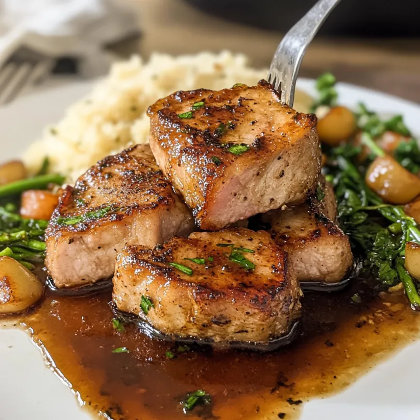 A plate of baked pork chops with a fork and a knife.