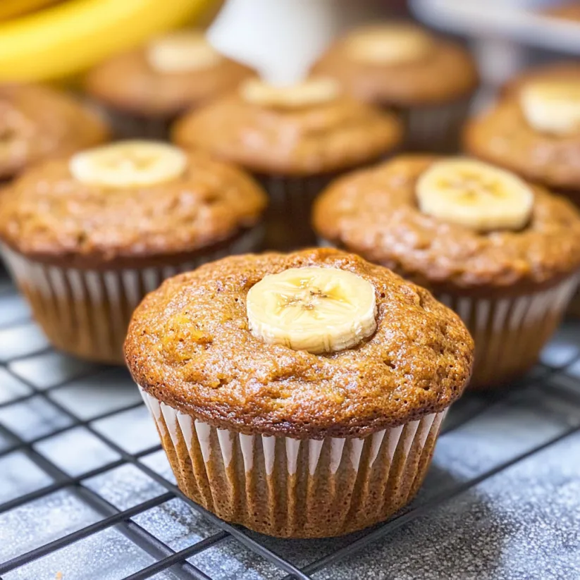 A muffin with a banana on top.