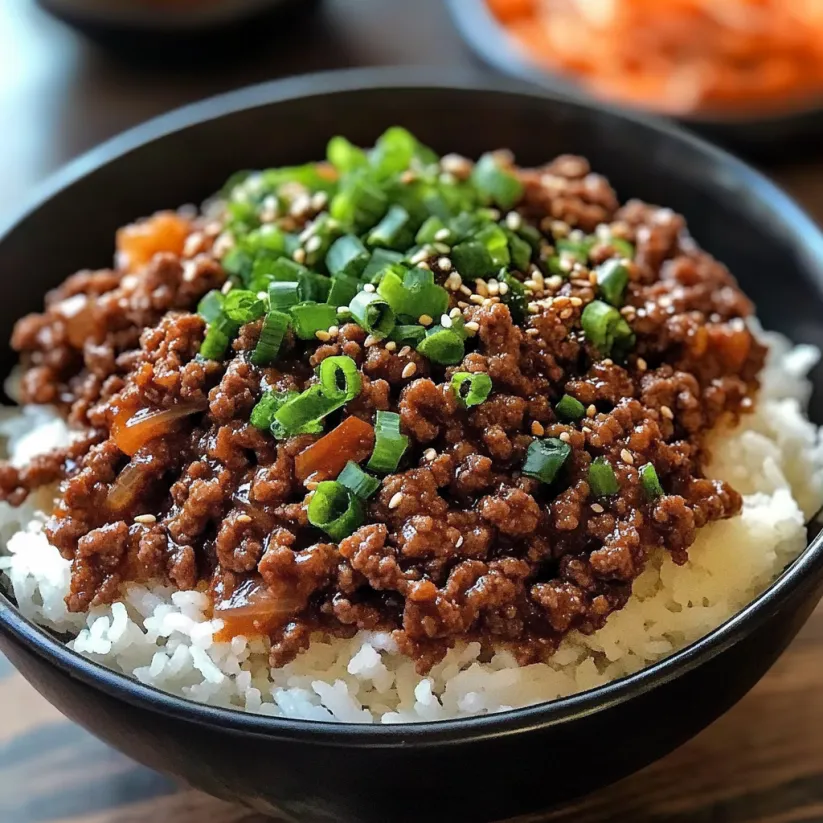 A bowl of beef with rice and green onions.