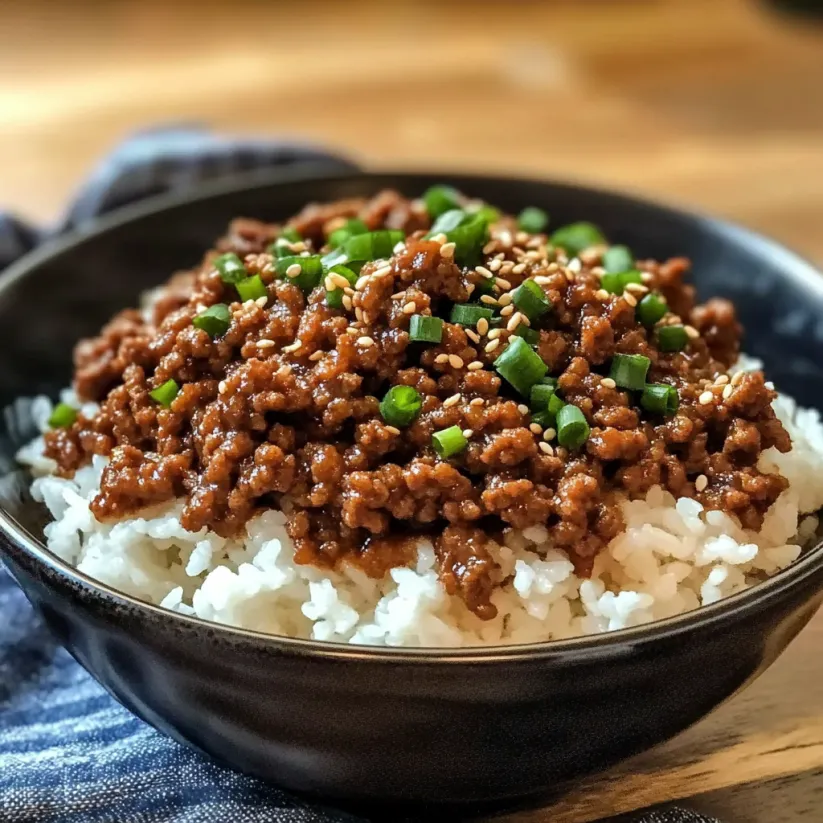 A bowl of rice with beef and green onions.