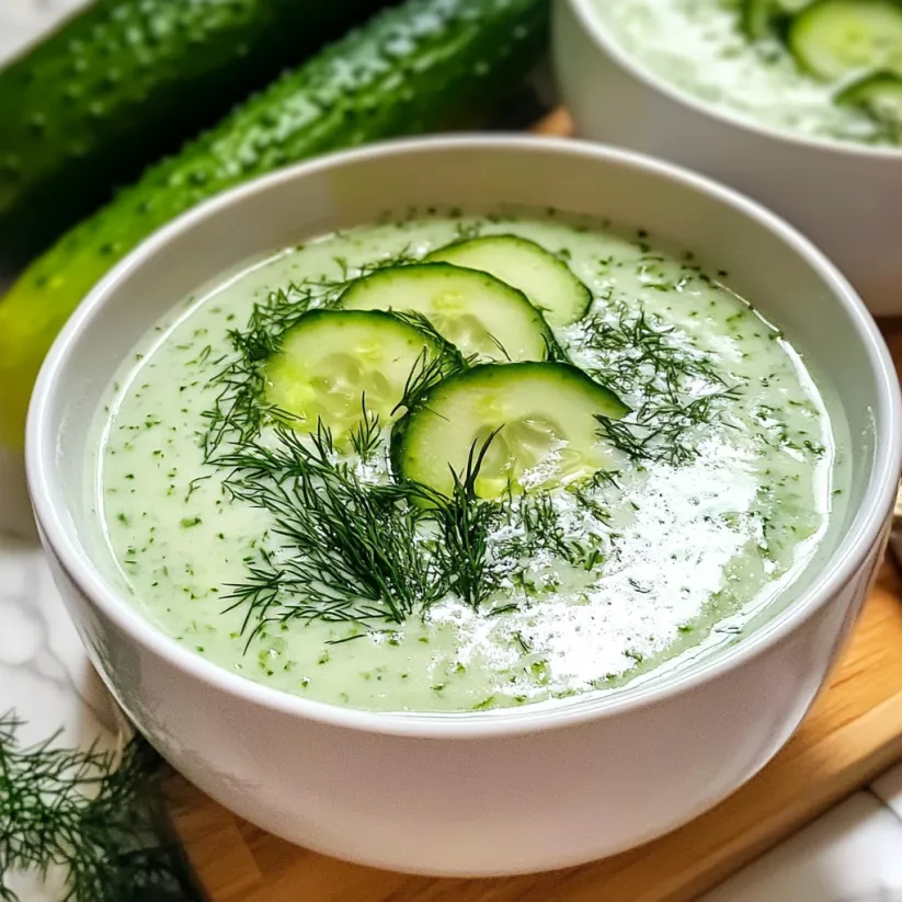 A bowl of cold cucumber soup with yogurt and dill.