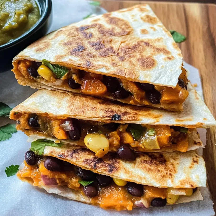 A stack of three vegetarian quesadillas with black beans and sweet potato.