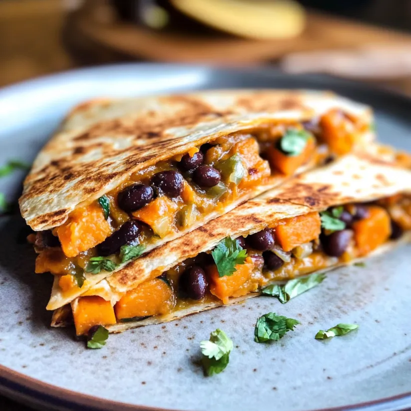 A plate of vegetarian quesadillas with black beans and sweet potato.