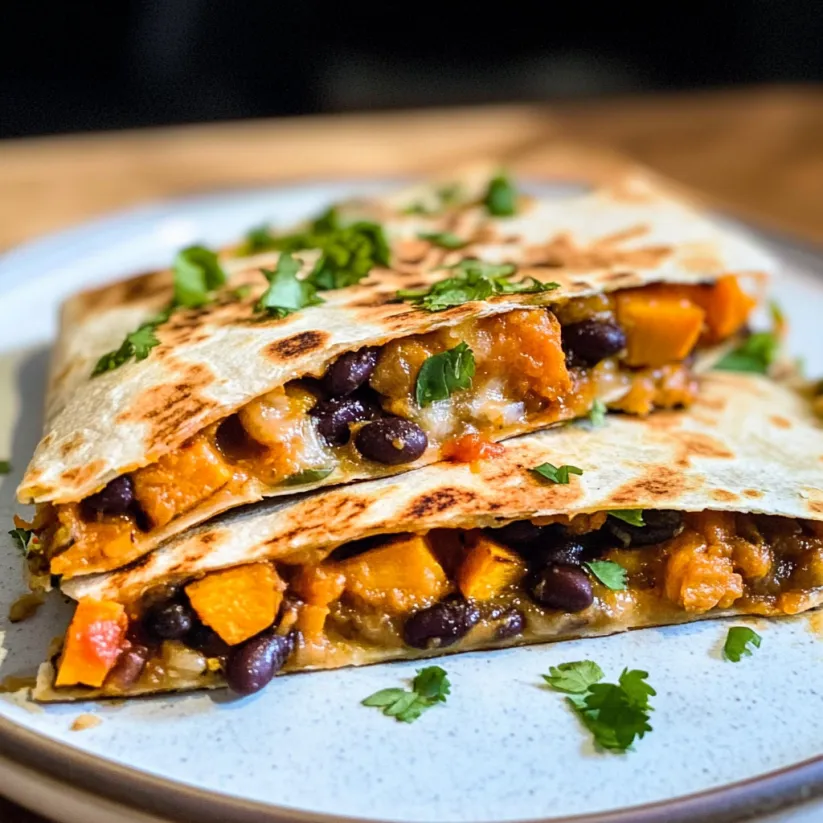 A plate of vegetarian quesadillas with black beans and sweet potato.