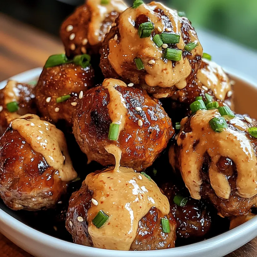 A bowl of Korean BBQ meatballs with spicy mayo dip.