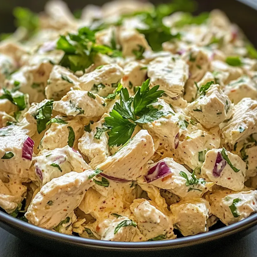 A bowl of chicken salad with green herbs.