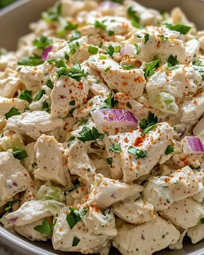 A bowl of chicken salad with green onions and red peppers.