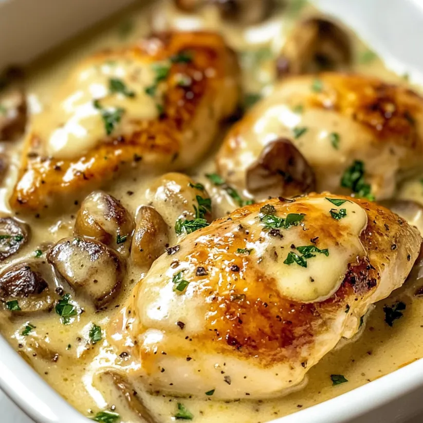 Chicken Gloria with mushrooms and cheese.