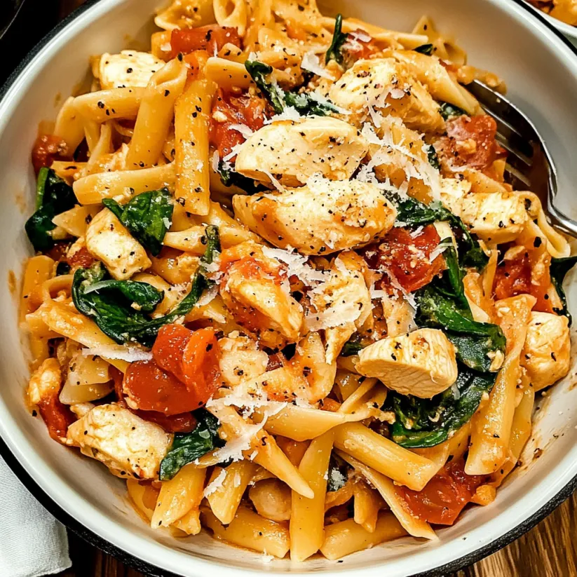 A bowl of pasta with chicken and tomatoes.