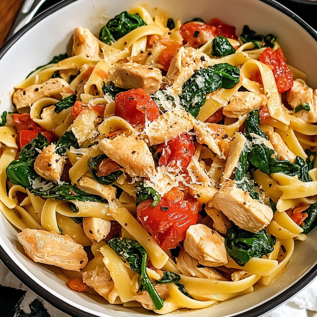 A bowl of pasta with tomatoes and spinach.