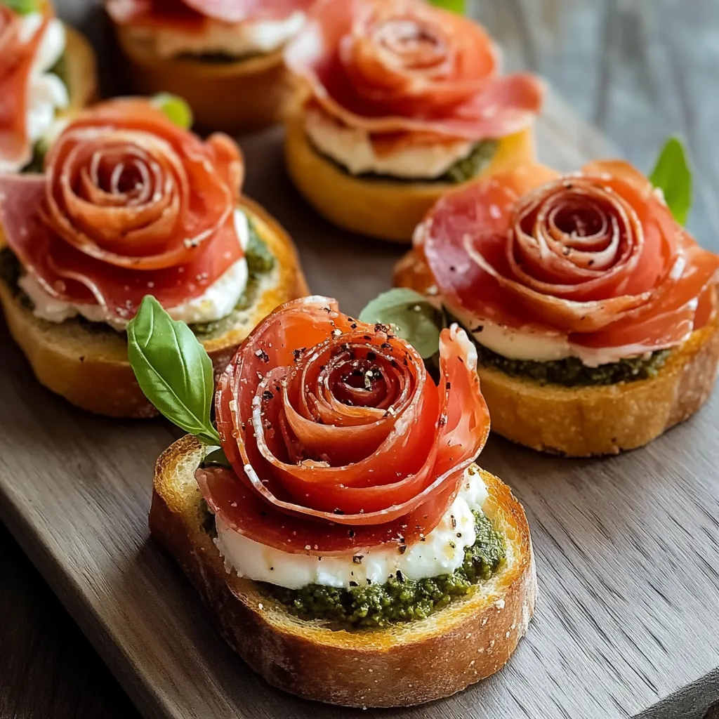 A plate of crostini with tomato, pesto, ricotta, and prosciutto roses.