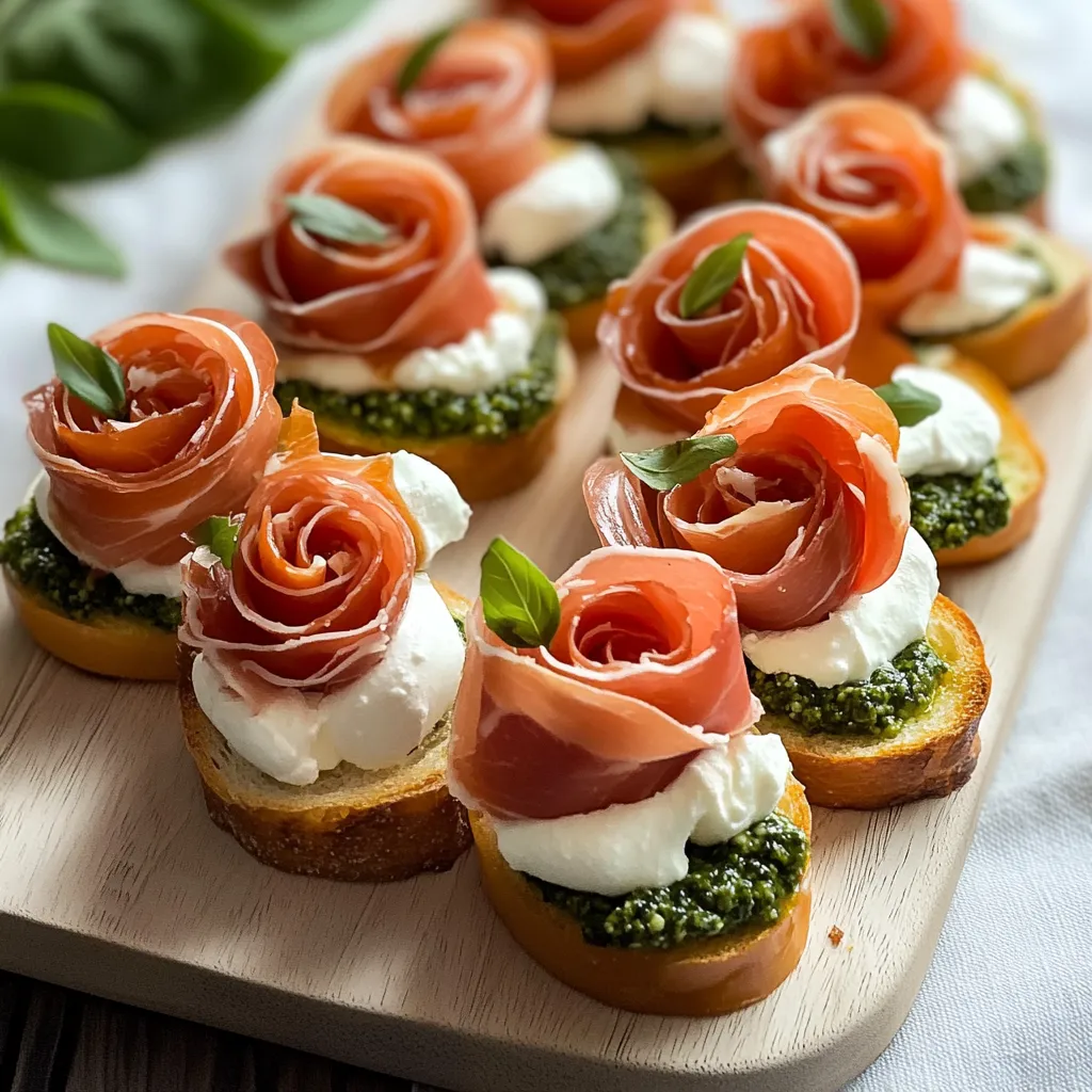 A plate of crostini with pesto, ricotta, and prosciutto roses.