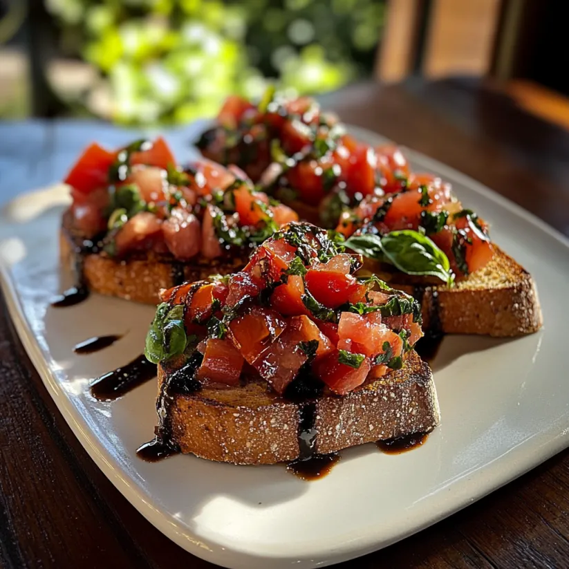 A plate of tomato basil bruschetta on toasted crostini.