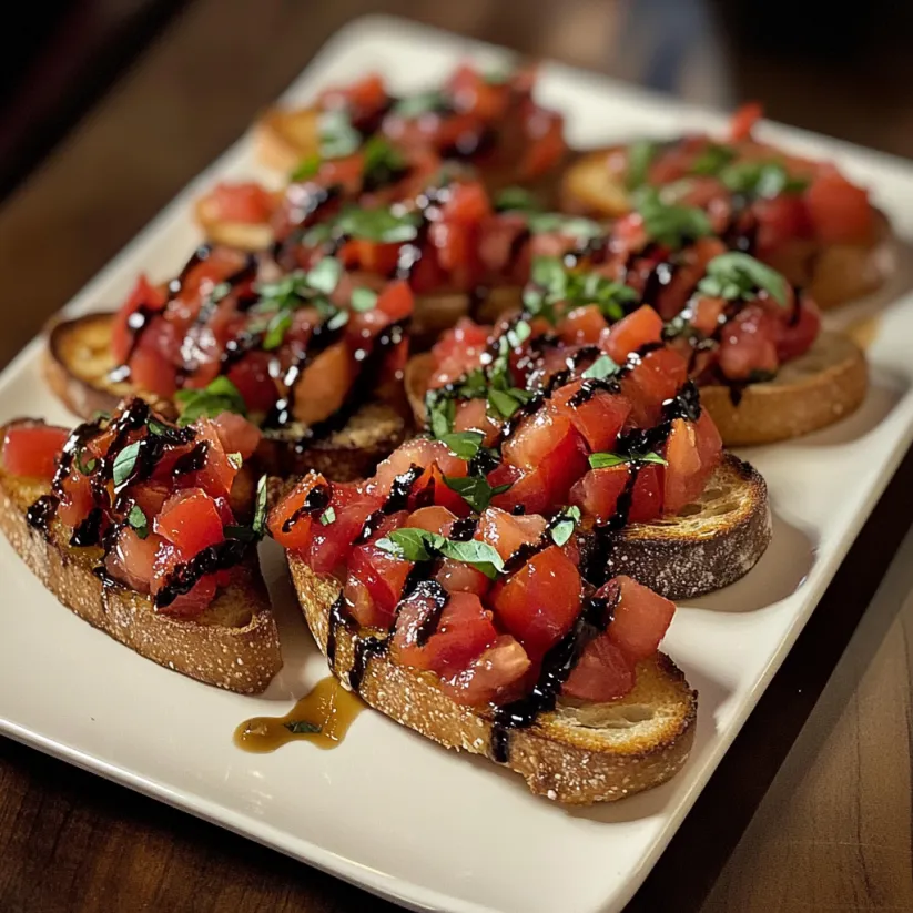 A plate of toasted crostini with tomato basil bruschetta.