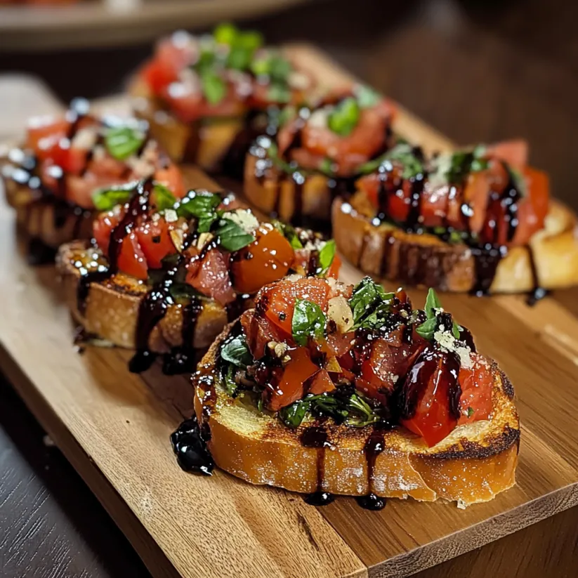A plate of tomato basil bruschetta on toasted crostini.
