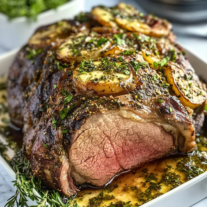 A marinated leg of lamb is served on a plate.