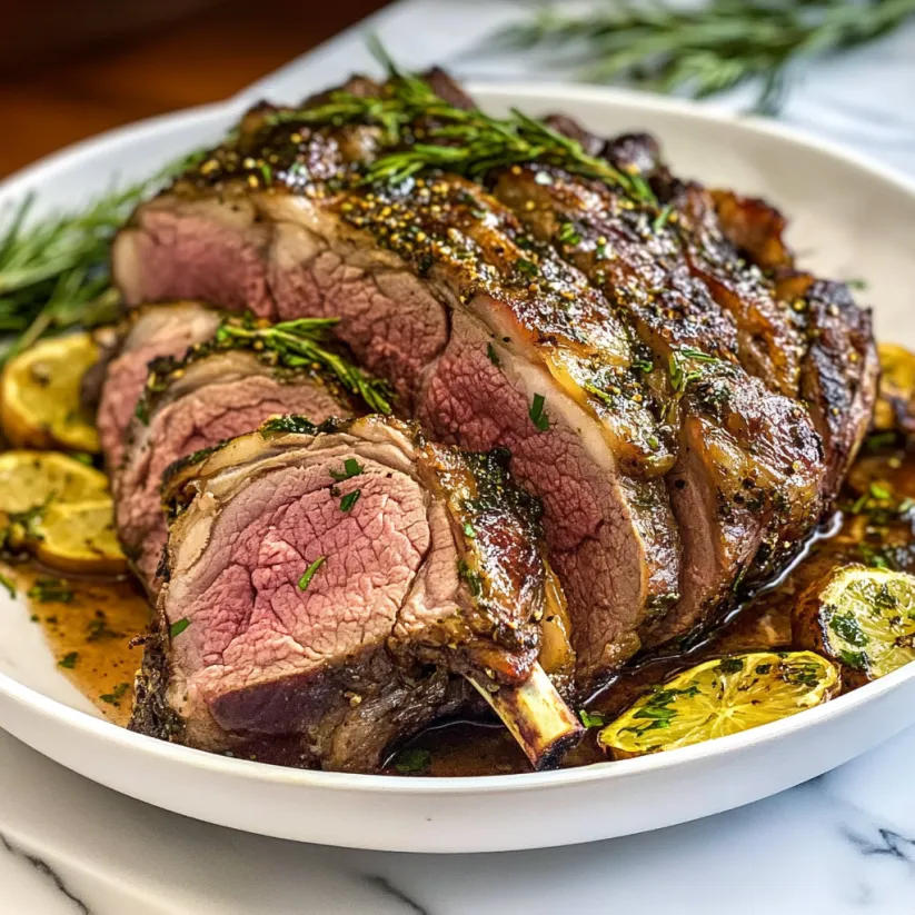 A marinated leg of lamb is served on a white plate.