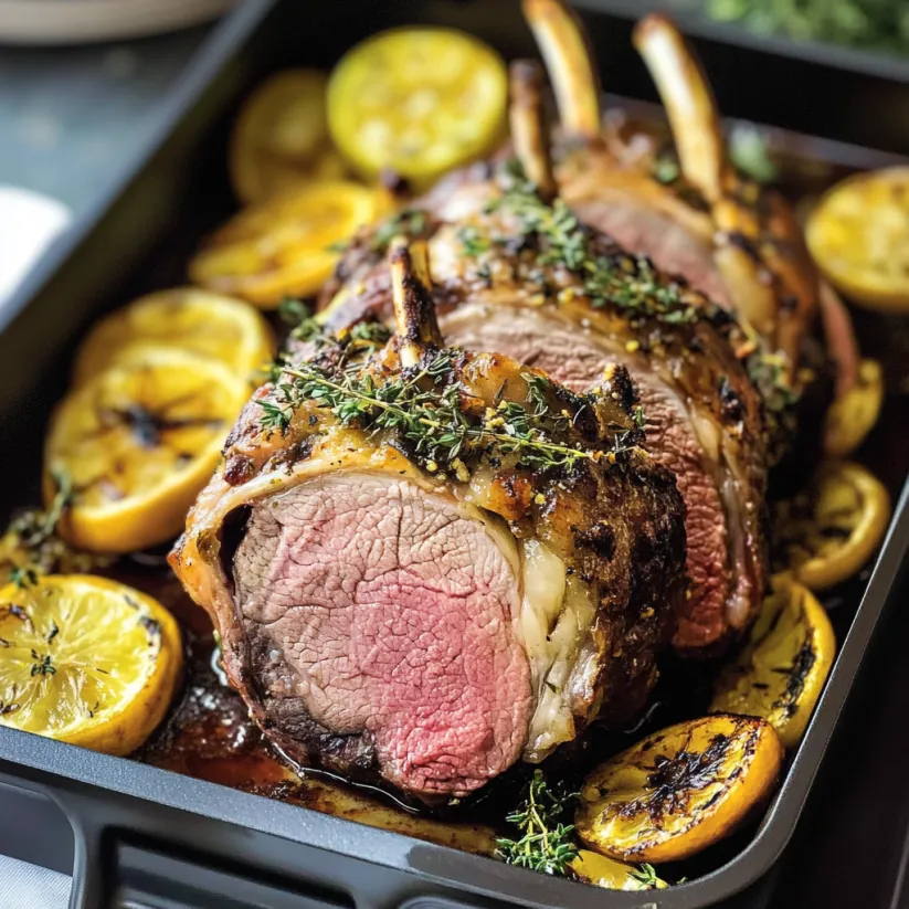 A roasted leg of lamb with herbs and lemon wedges.