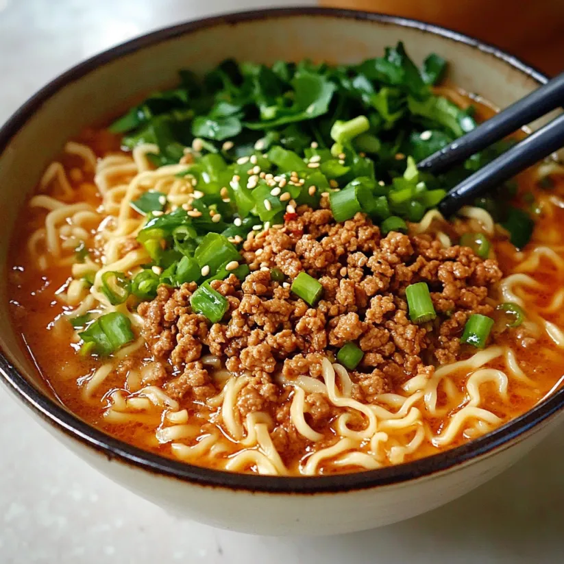 A bowl of Tantanmen, a vegan ramen recipe, with noodles, tofu, and greens.