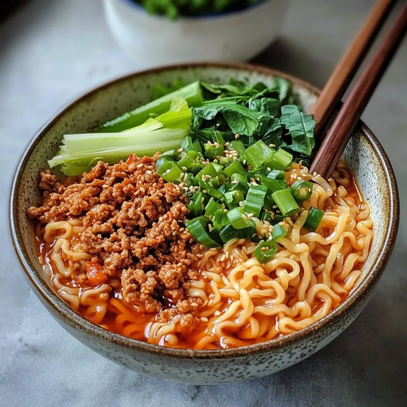 A bowl of Tantanmen (Vegan Ramen Recipe) with noodles, vegetables, and sauce.