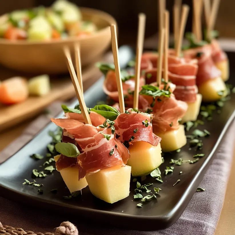 A plate of delicious prosciutto and melon skewers appetizers.