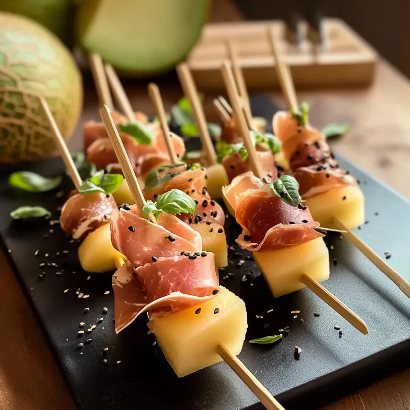 A plate of appetizers with melon and prosciutto skewers.