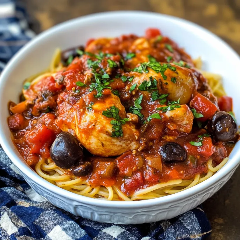 A bowl of chicken cacciatore with tomatoes and olives.