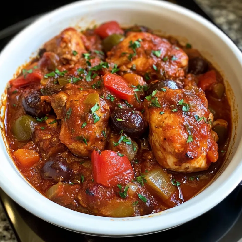A bowl of chicken cacciatore with green onions and red peppers.