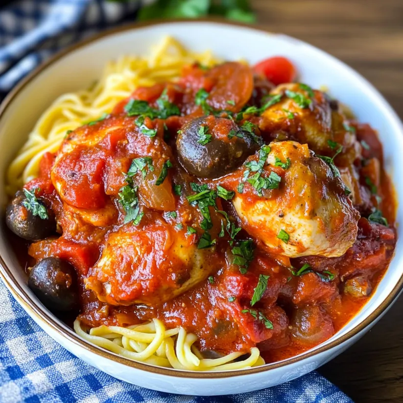 A bowl of pasta with chicken and tomatoes.