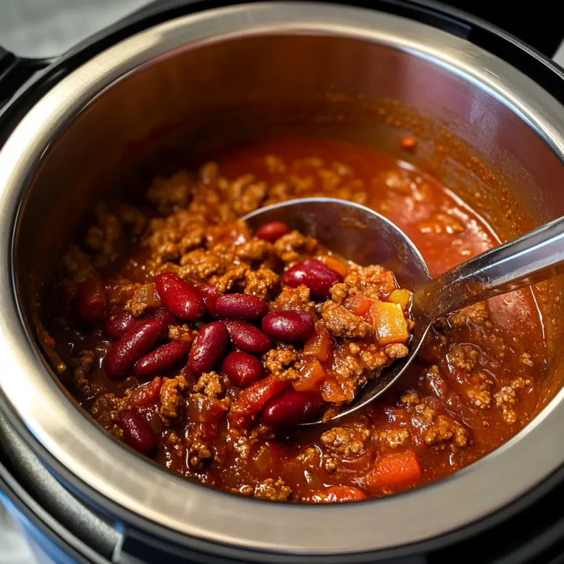 A spoon is in a pot of chili.