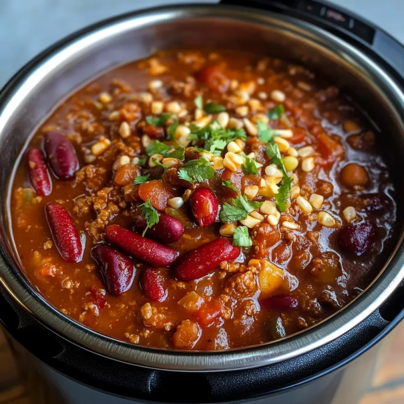A pot of chili with beans, tomatoes, and spices.