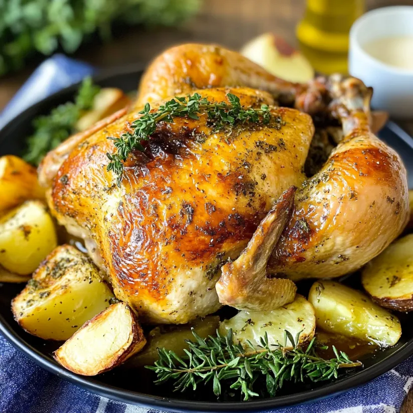 A whole chicken with herbs and spices on top, cooked in a slow cooker.