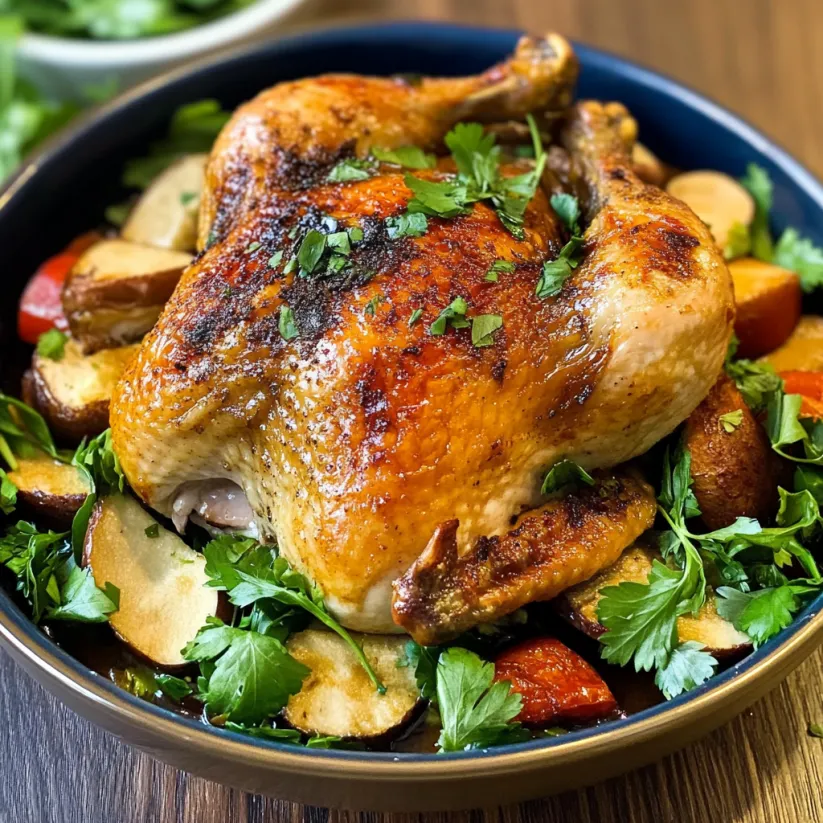 A whole cooked chicken with herbs and vegetables.