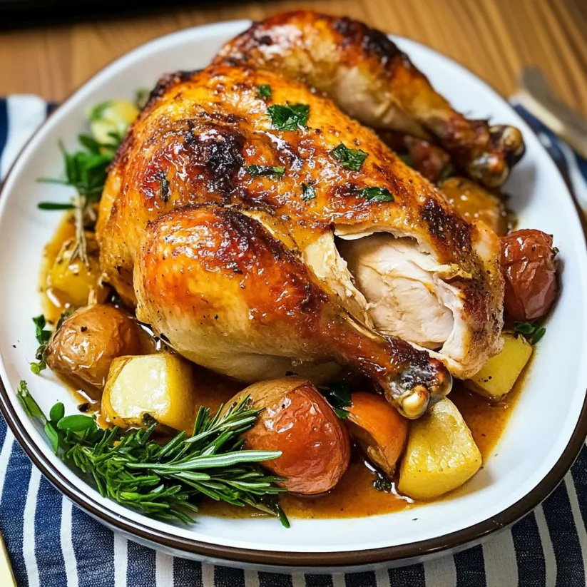 A whole chicken with herbs and potatoes in a slow cooker.