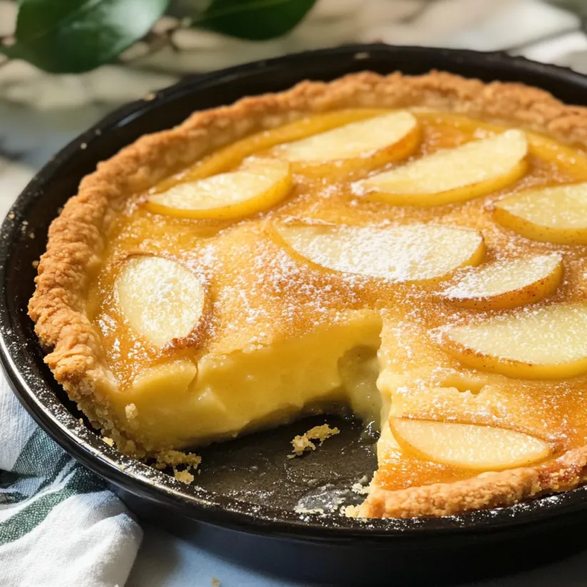 A slice of pear custard pie.