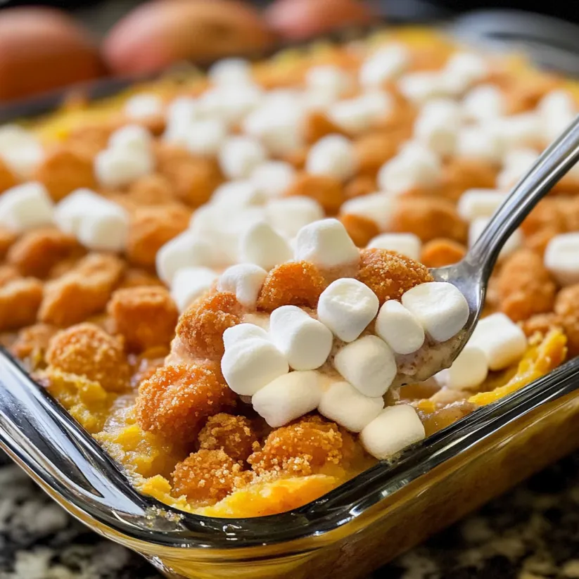 A close up of a casserole with marshmallows on top.