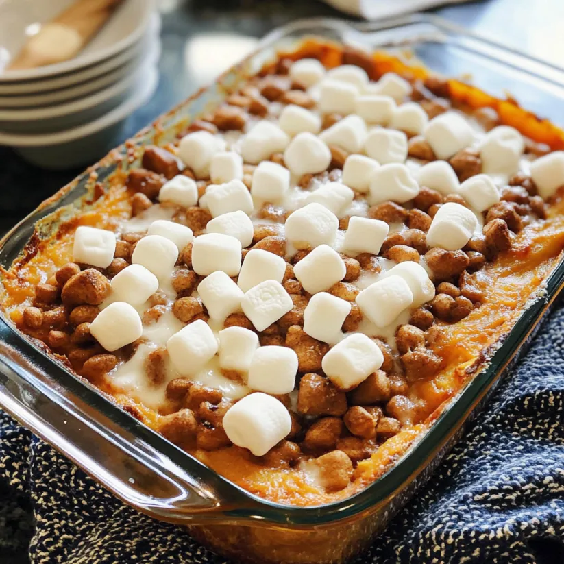 A dish of sweet potato casserole with marshmallows on top.