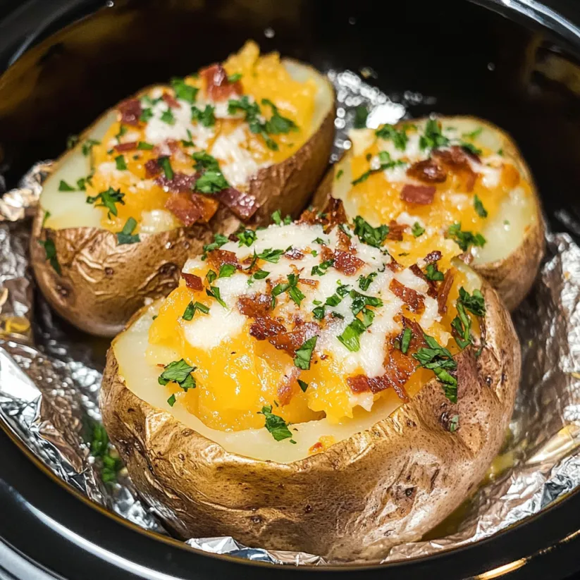 Three baked potatoes with cheese and bacon on top.