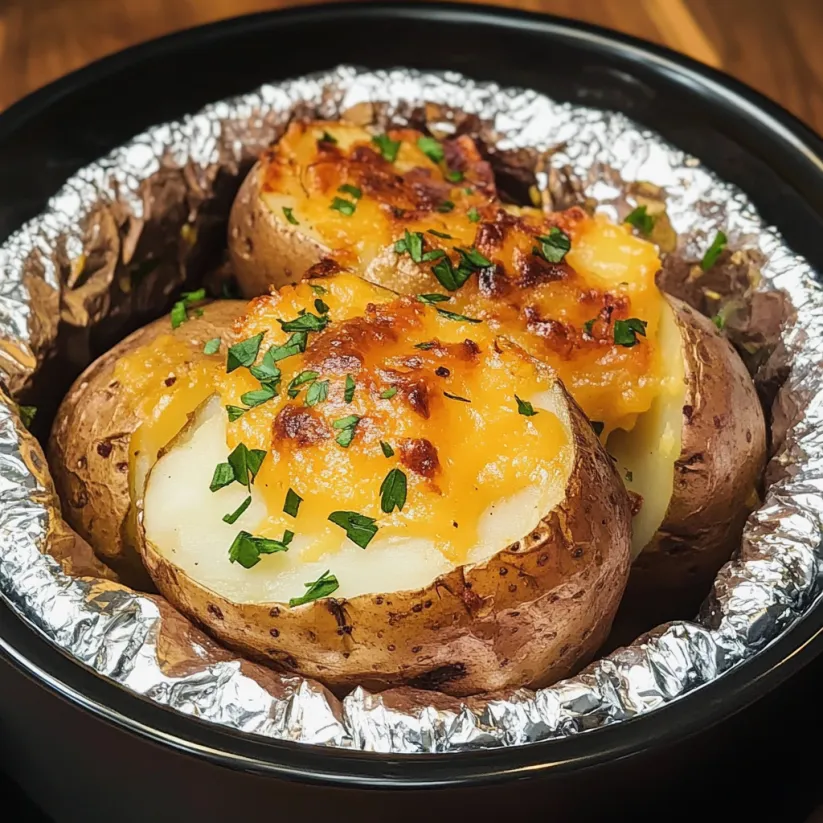 Three baked potatoes in a bowl.