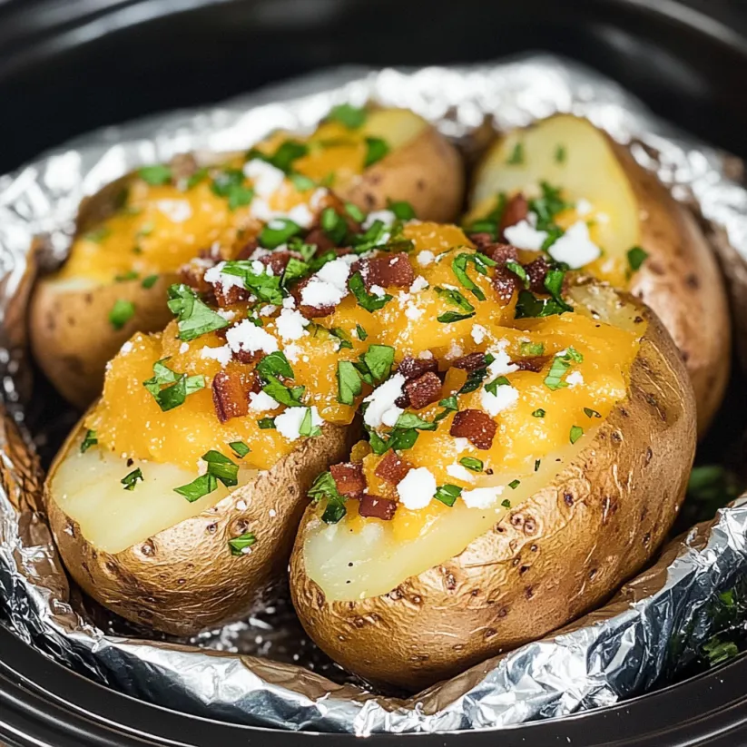 A crock pot filled with baked potatoes.