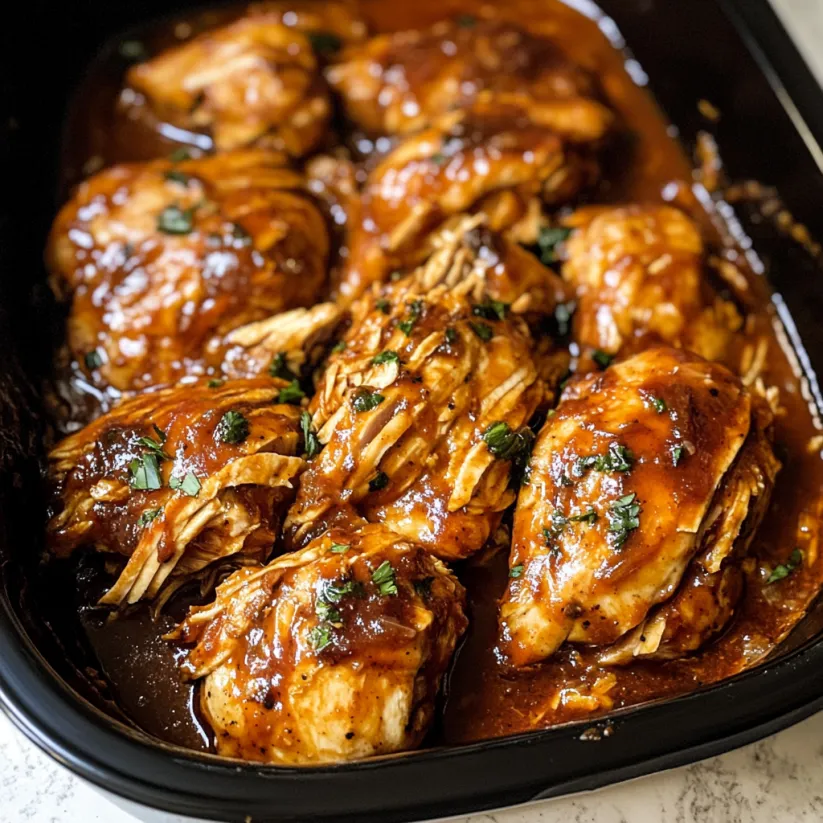 A crockpot filled with BBQ chicken.