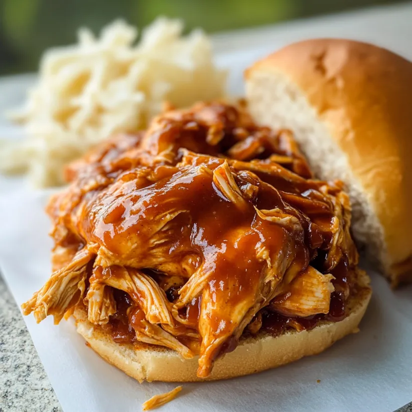 A BBQ chicken sandwich with sauce on a bun.