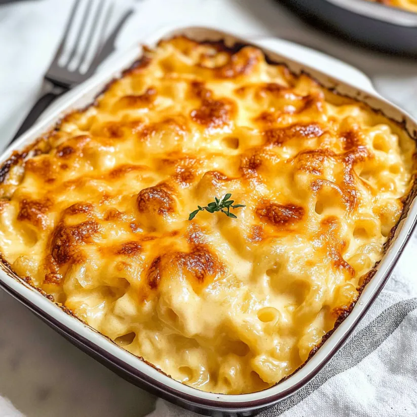 A baked mac and cheese dish.