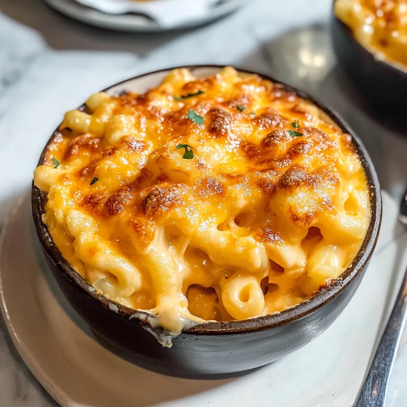 A bowl of baked mac and cheese.