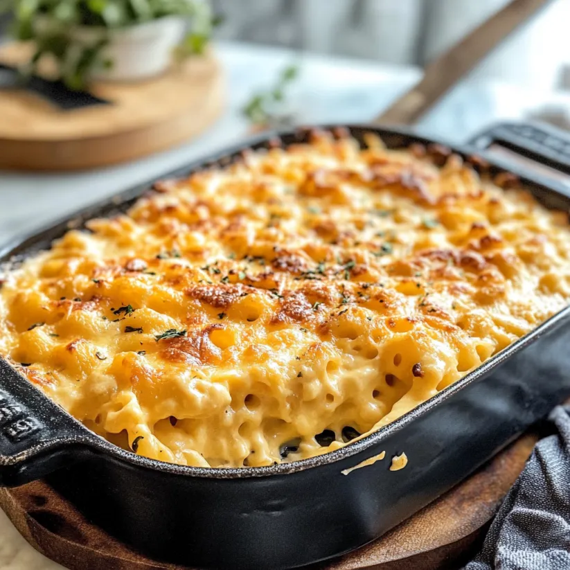 A baked mac and cheese dish.