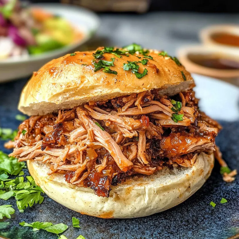 A sandwich with pulled pork on a bun.