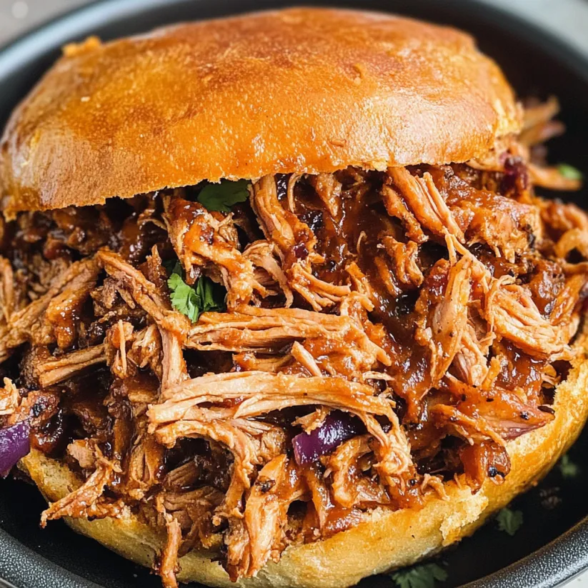A close up of a pulled pork sandwich.