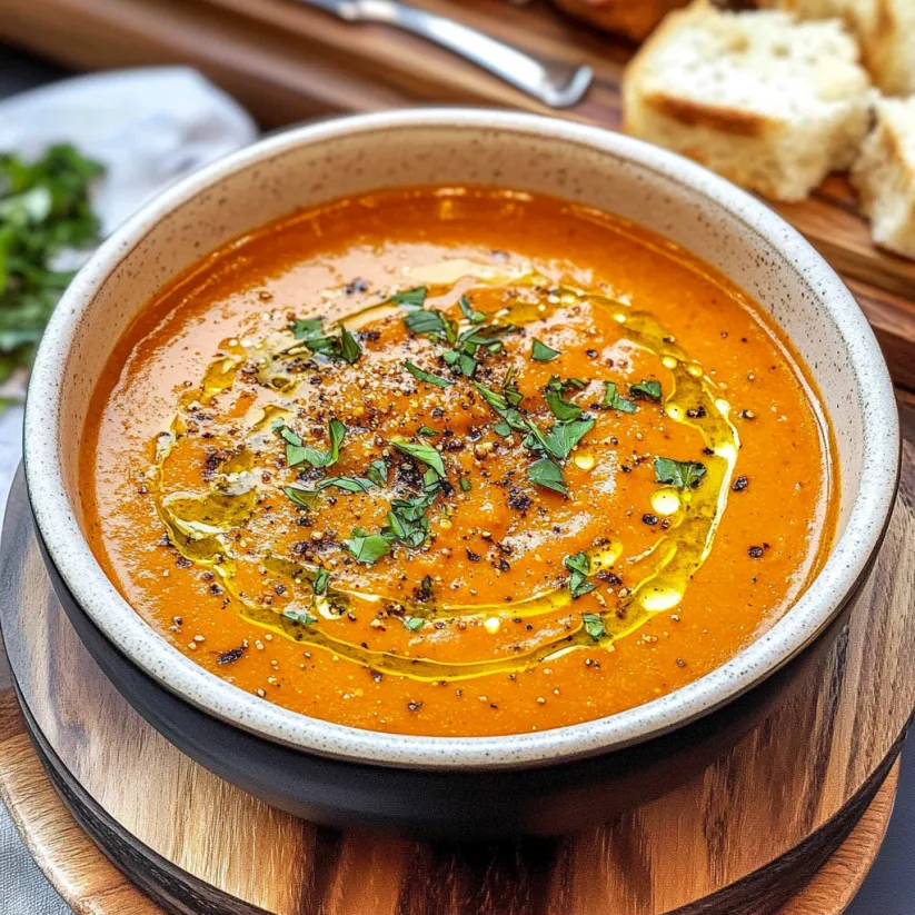 A bowl of roasted red pepper soup.