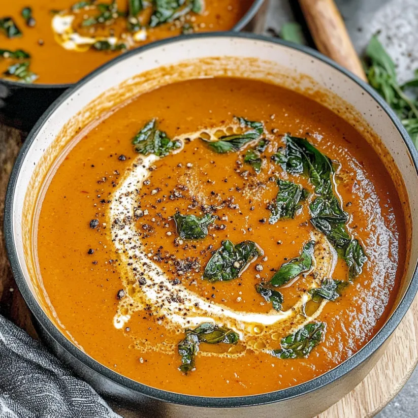 A bowl of roasted red pepper soup.